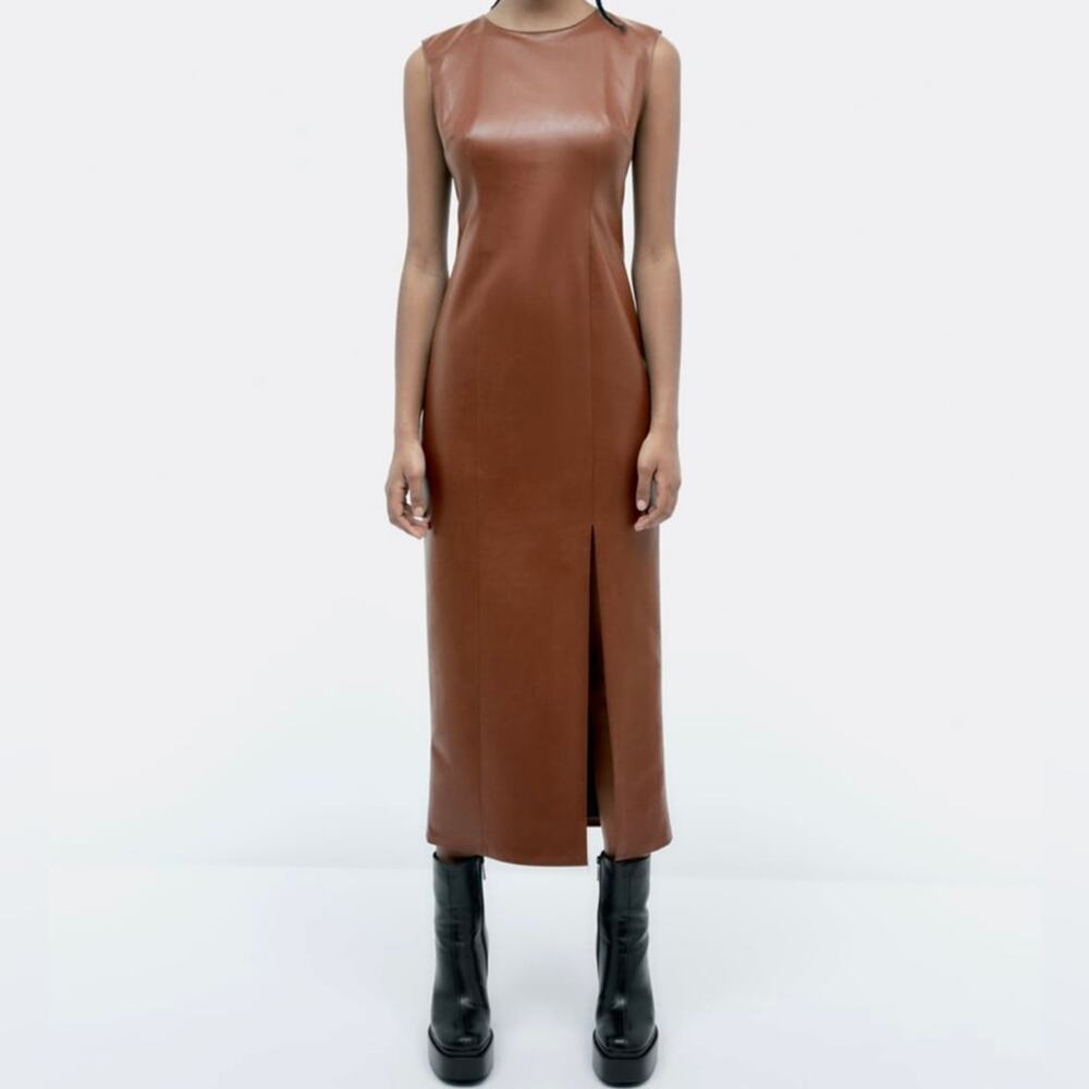 NWT Zara Faux Leather Brown Midi Dress. Blogger fave.🔥